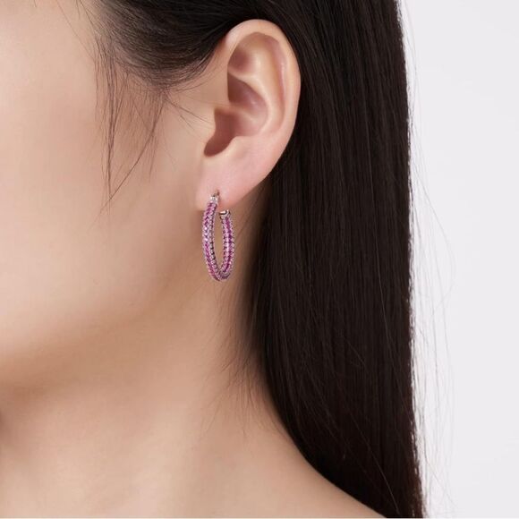 14K White Gold Sterling Silver with Pink Tourmaline Cubic Zirconia Hoop Earrings - Picture 4 of 6